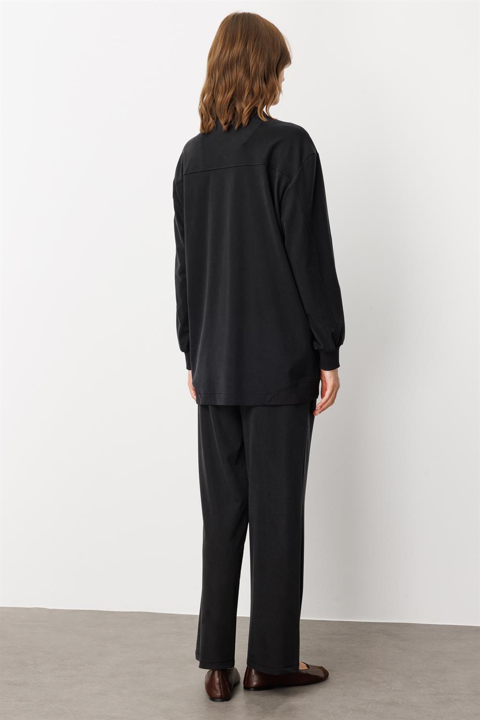Soft Örme (miccell %55 doğal içerik) Elişi Detaylı  Pantalon Kombin Takım-Siyah