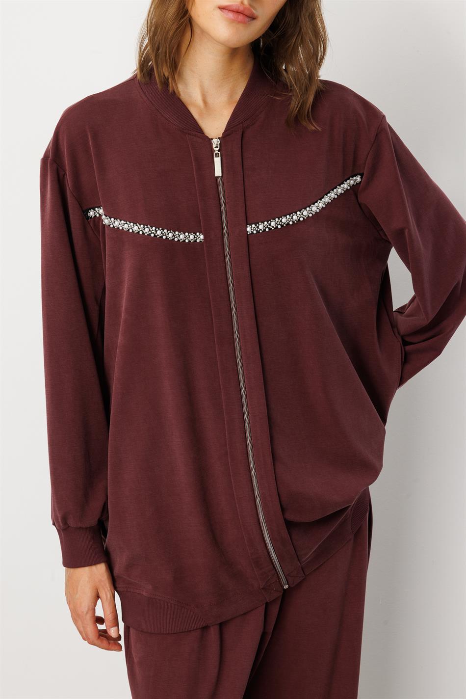 Soft Örme (miccell %55 doğal içerik) Elişi Detaylı  Pantalon Kombin Takım-Bordo