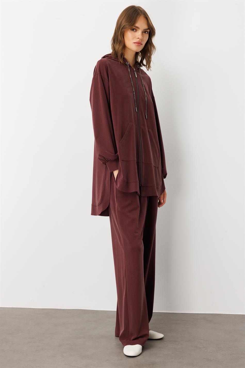 Soft Knit (miccell 55% natural content) Handcrafted Detail Trouser Set - Burgundy