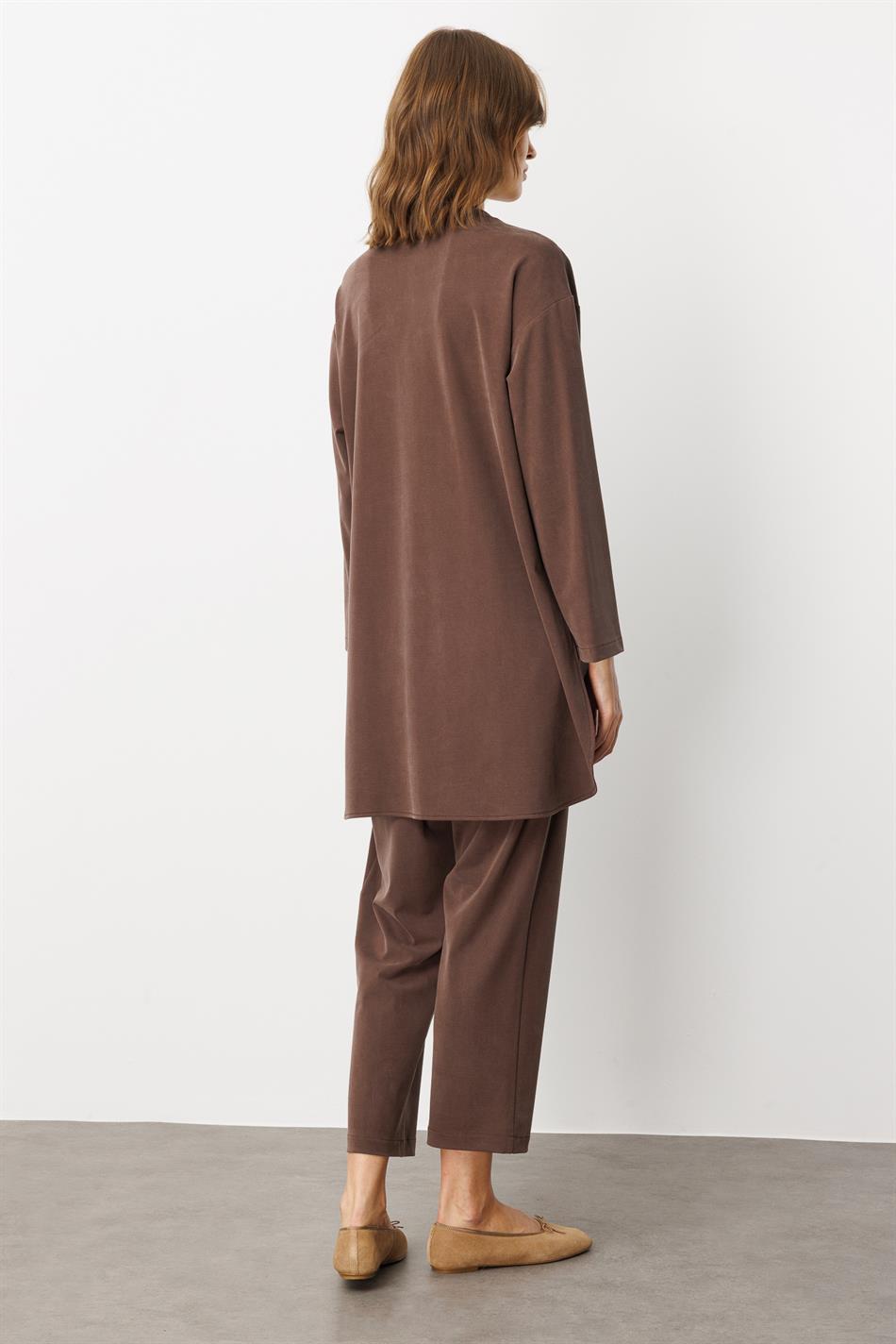 Soft Knit (miccell 55% natural content) Handcrafted Detail Trouser Set - Coffee