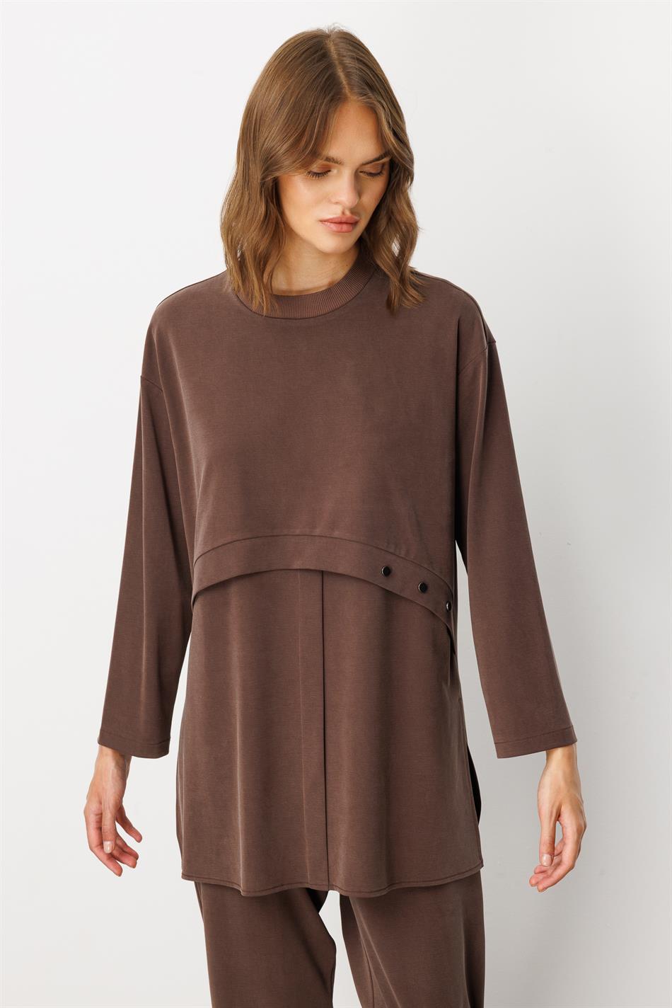 Soft Knit (miccell 55% natural content) Handcrafted Detail Trouser Set - Coffee