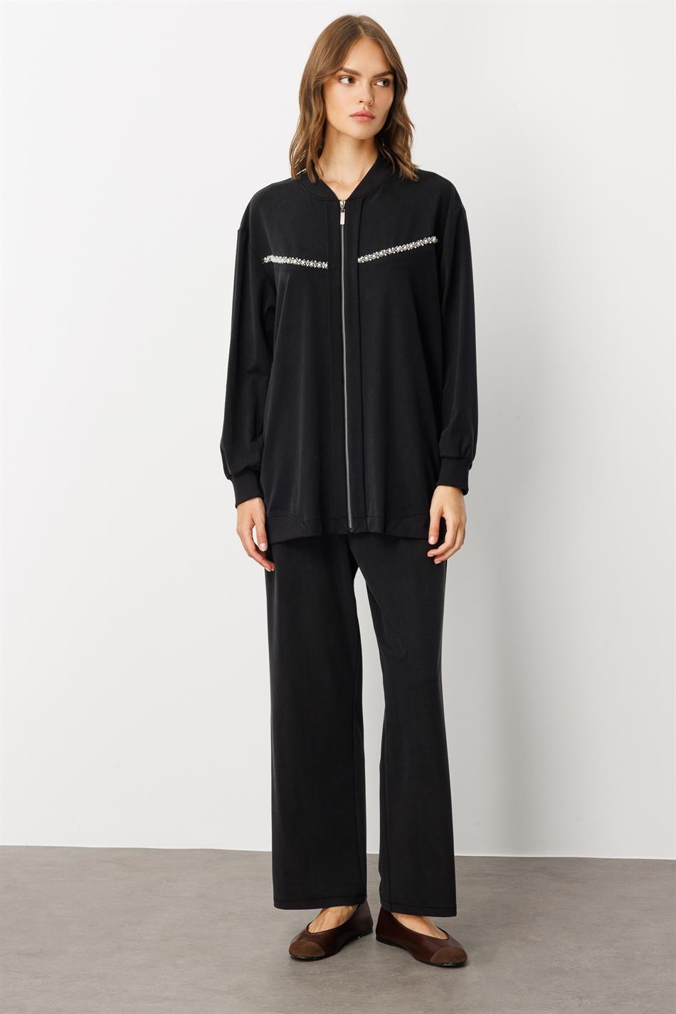 Soft Örme (miccell %55 doğal içerik) Elişi Detaylı  Pantalon Kombin Takım-Siyah