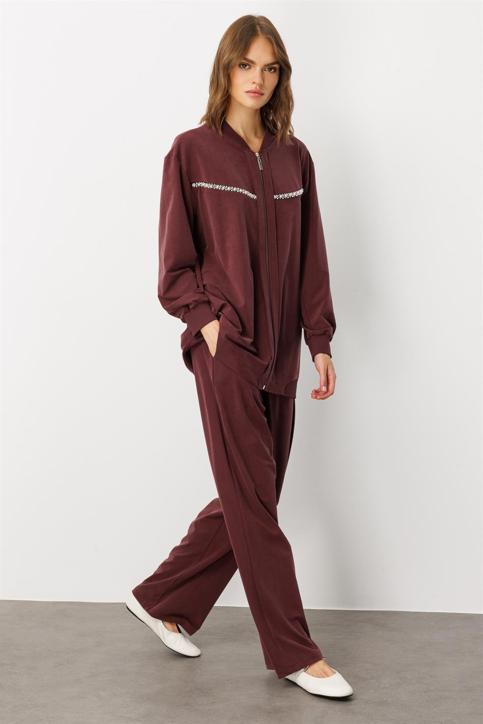 Soft Örme (miccell %55 doğal içerik) Elişi Detaylı  Pantalon Kombin Takım-Bordo