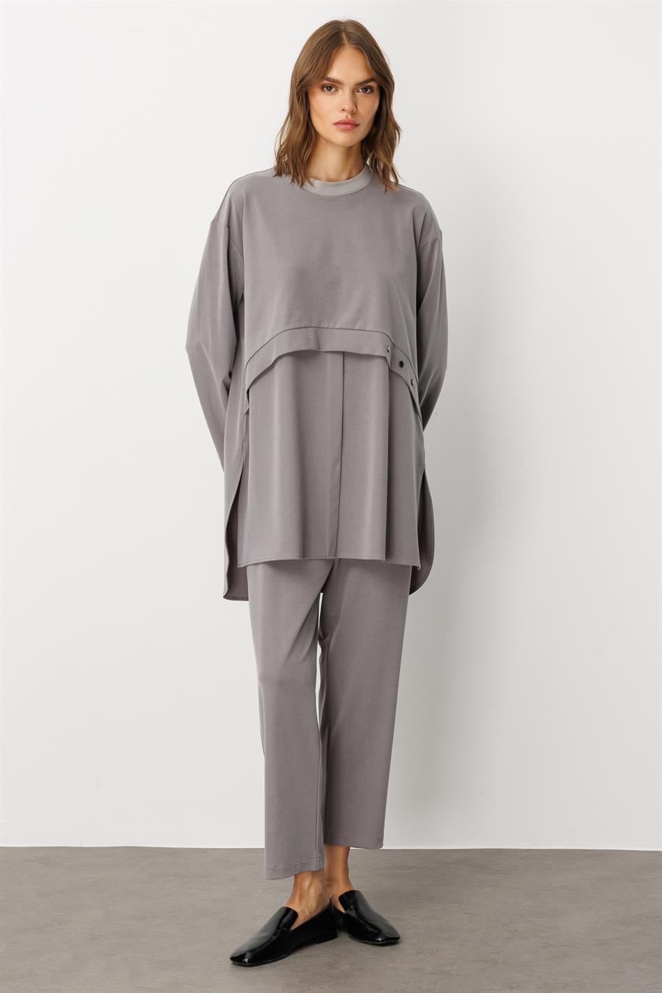 Soft Örme (miccell %55 doğal içerik) Elişi Detaylı  Pantalon Kombin Takım-Gri