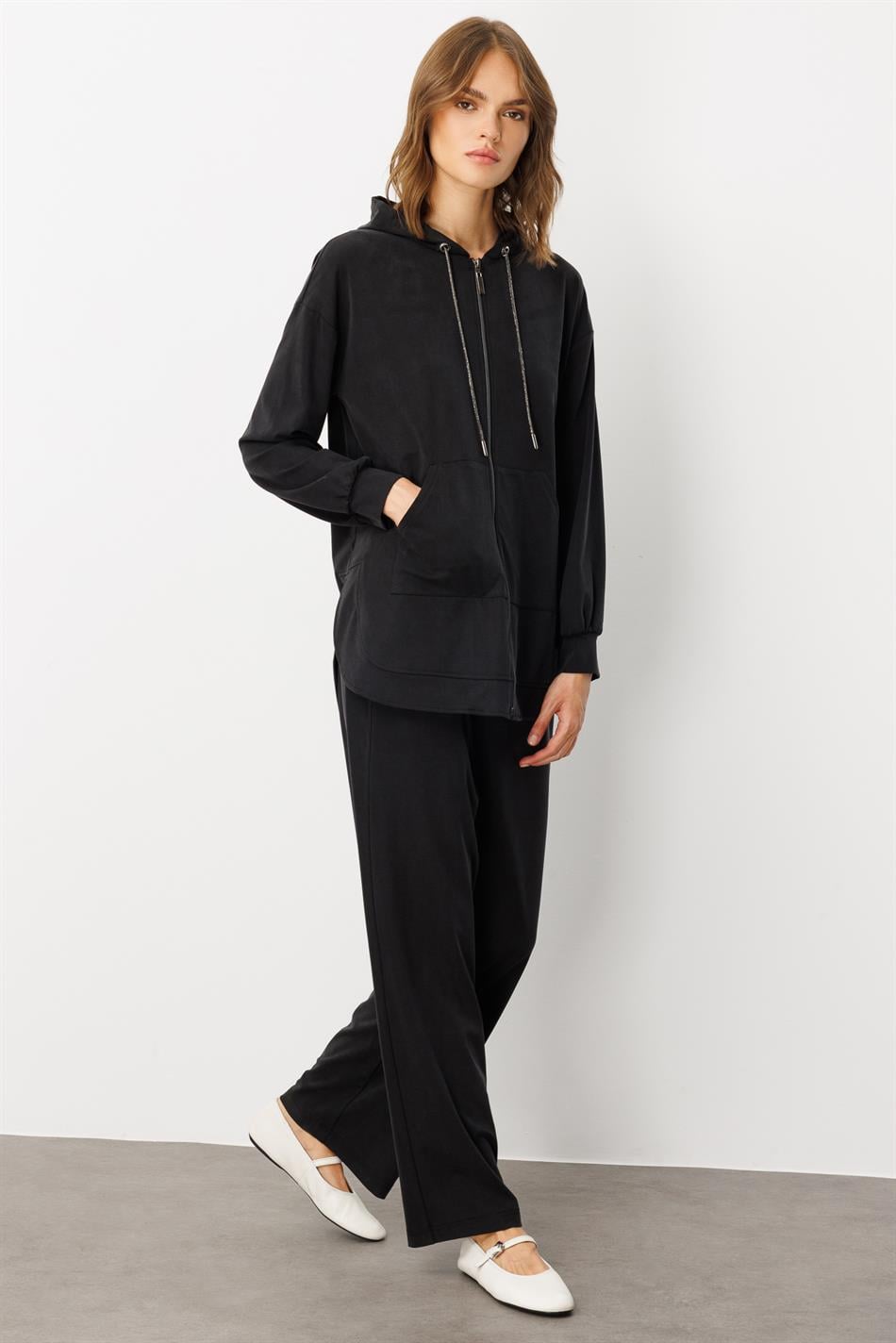 Soft Örme (miccell %55 doğal içerik) Elişi Detaylı  Pantalon Kombin Takım-Siyah