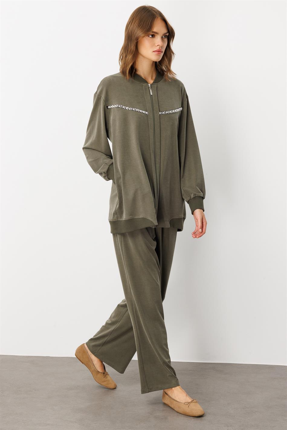 Soft Örme (miccell %55 doğal içerik) Elişi Detaylı  Pantalon Kombin Takım-Haki