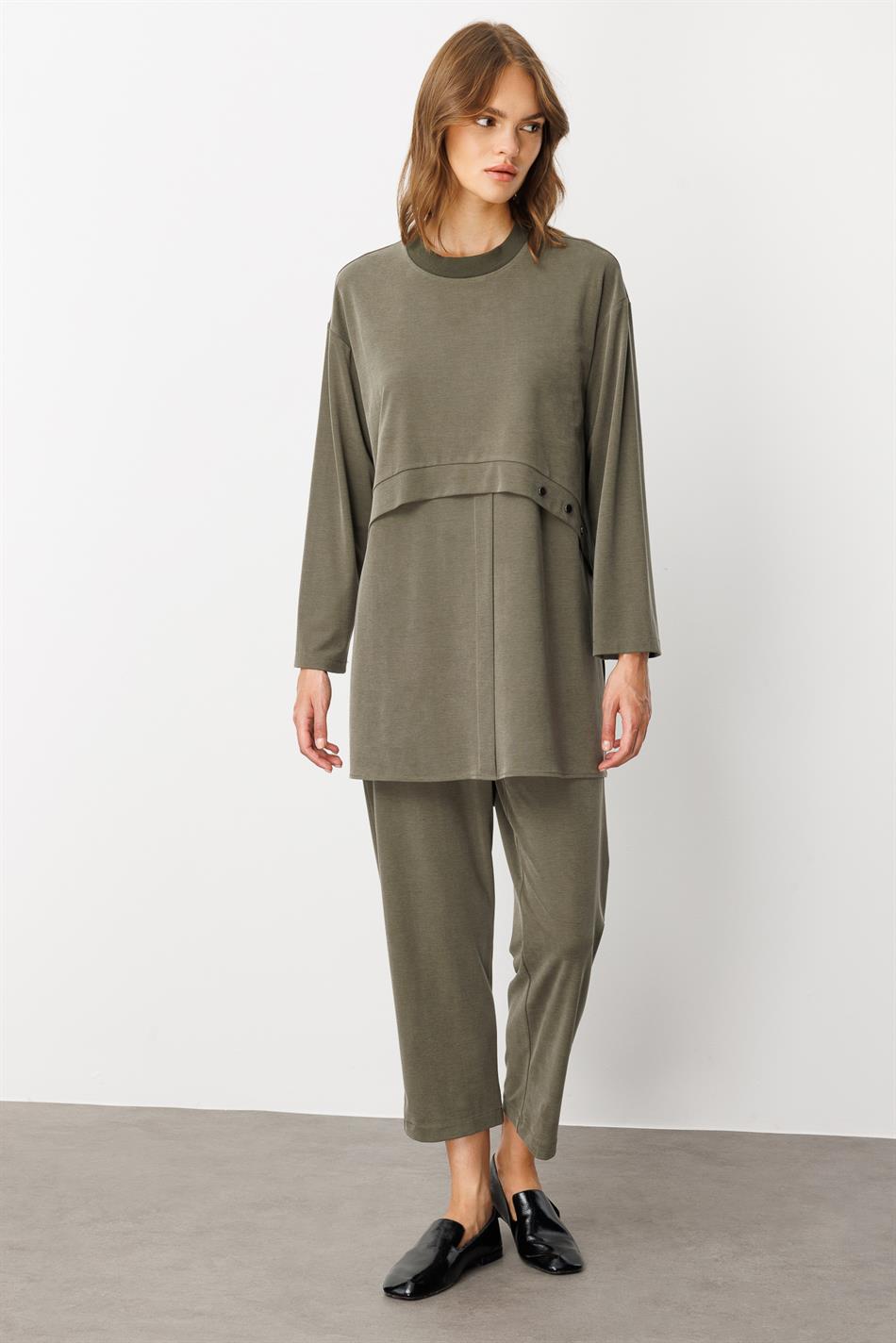 Yumşaq Örgü (miccell 55% təbii tərkibli) Əl işi Detallı Şalvar Dəsti - Xaki