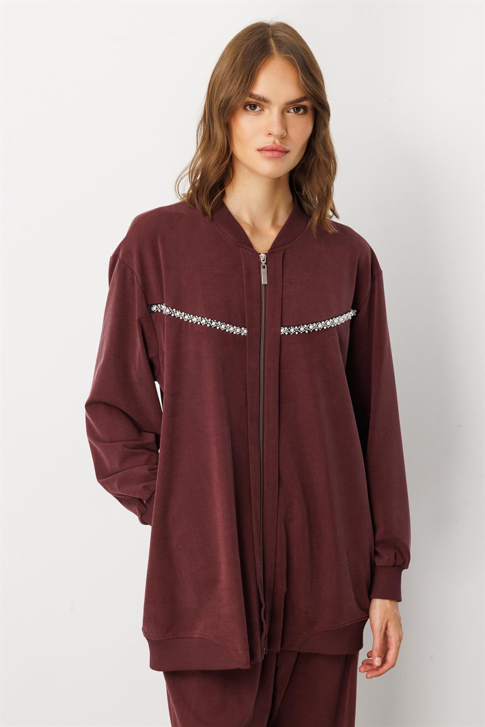 Soft Örme (miccell %55 doğal içerik) Elişi Detaylı  Pantalon Kombin Takım-Bordo