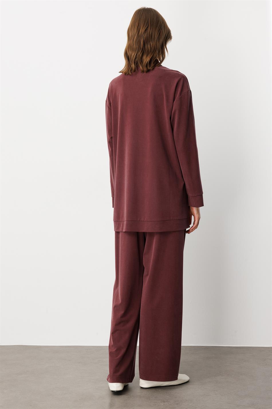 Soft Örme (miccell %55 doğal) İçerikli Aller Garni Pantalon Kombin Takım-Bordo