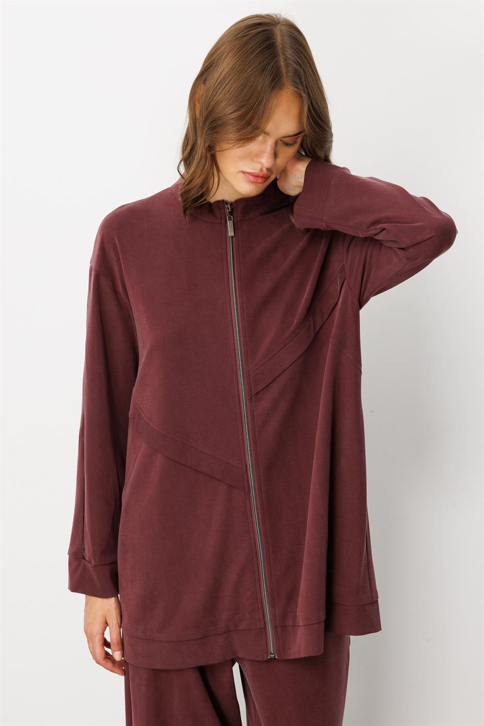 Soft Örme (miccell %55 doğal) İçerikli Aller Garni Pantalon Kombin Takım-Bordo