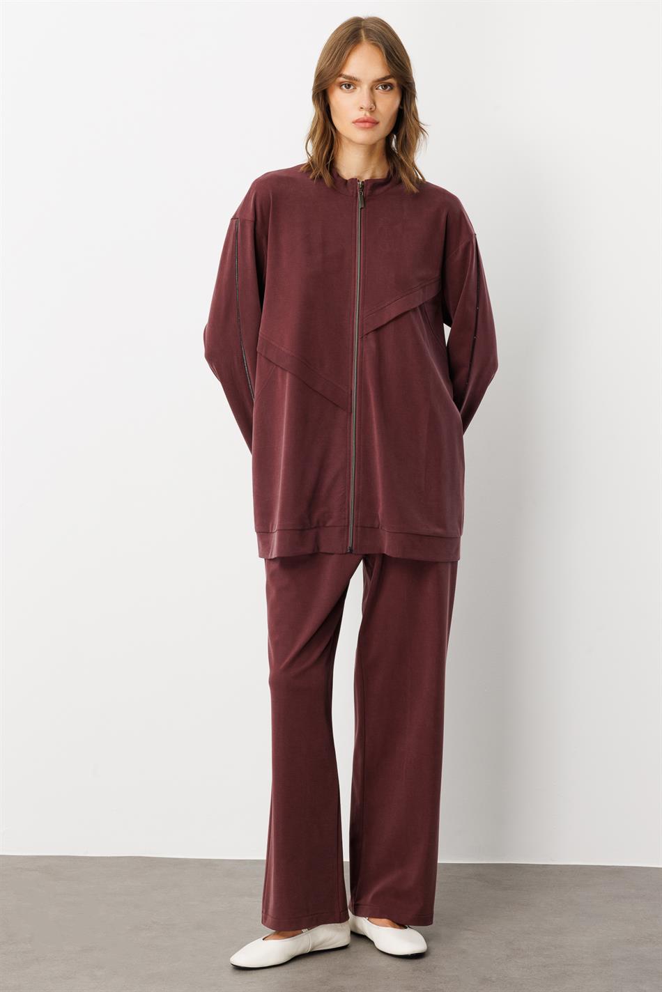 Soft Örme (miccell %55 doğal) İçerikli Aller Garni Pantalon Kombin Takım-Bordo