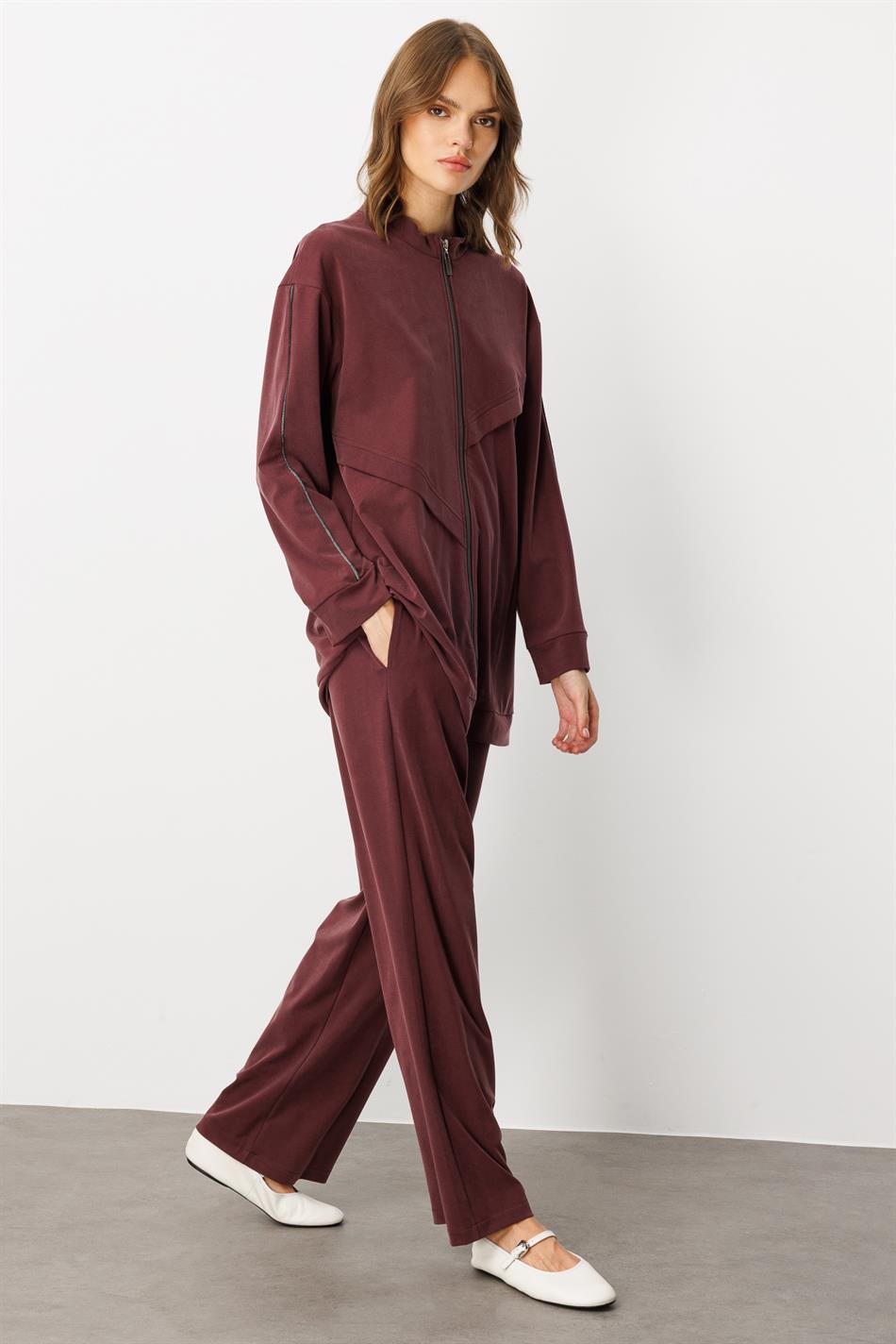 Soft Örme (miccell %55 doğal) İçerikli Aller Garni Pantalon Kombin Takım-Bordo