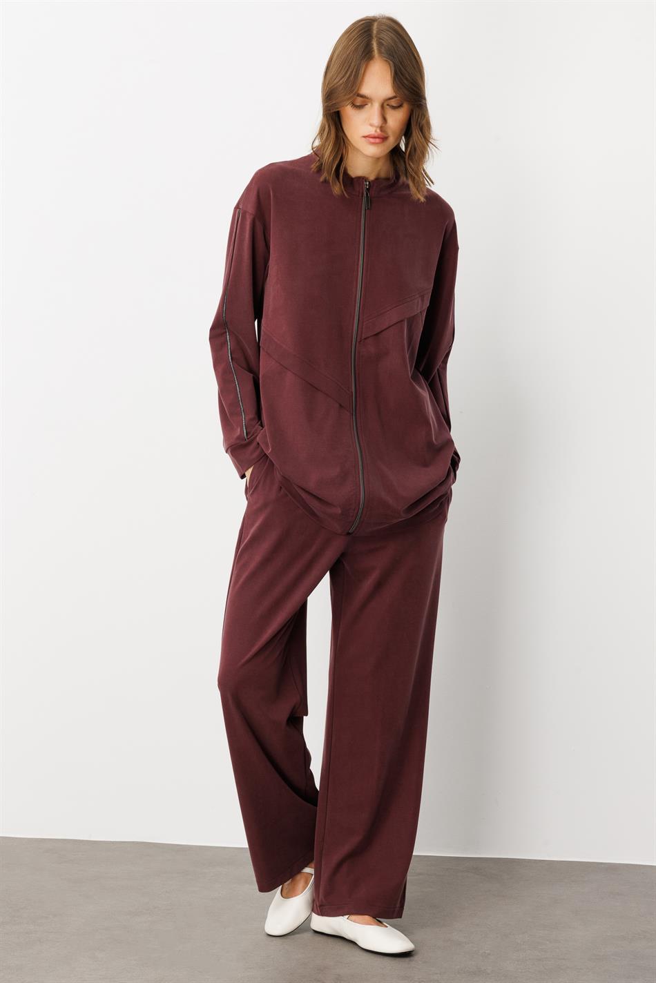 Soft Örme (miccell %55 doğal) İçerikli Aller Garni Pantalon Kombin Takım-Bordo