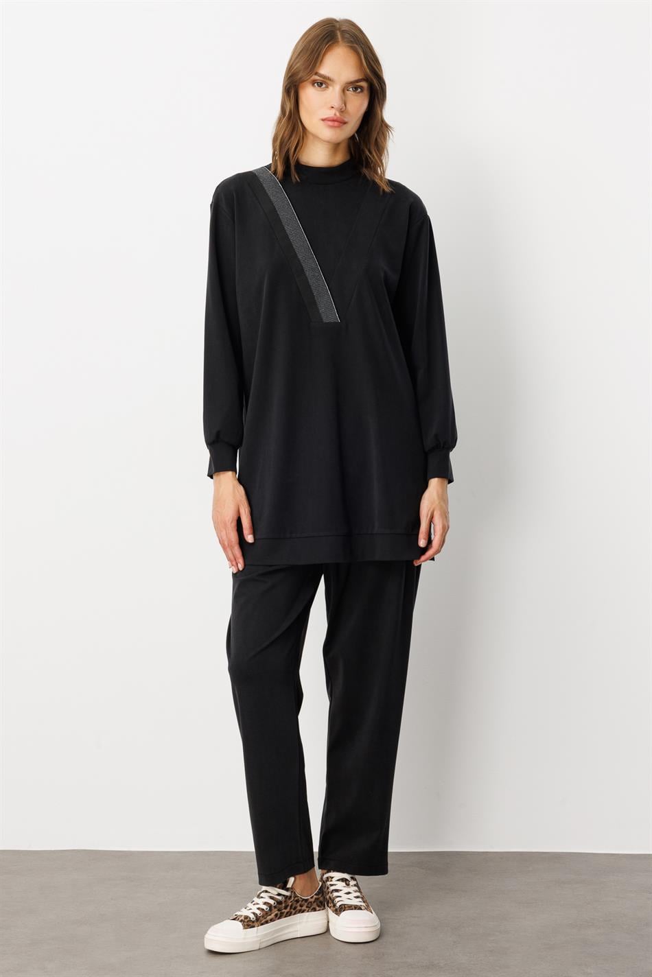 Soft Örme (miccell %55 doğal) İçerikli Ribana Garni Pantalon Kombin Takım-Siyah