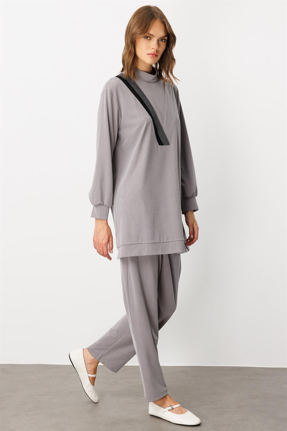 Soft Örme (miccell %55 doğal) İçerikli Ribana Garni Pantalon Kombin Takım-Gri