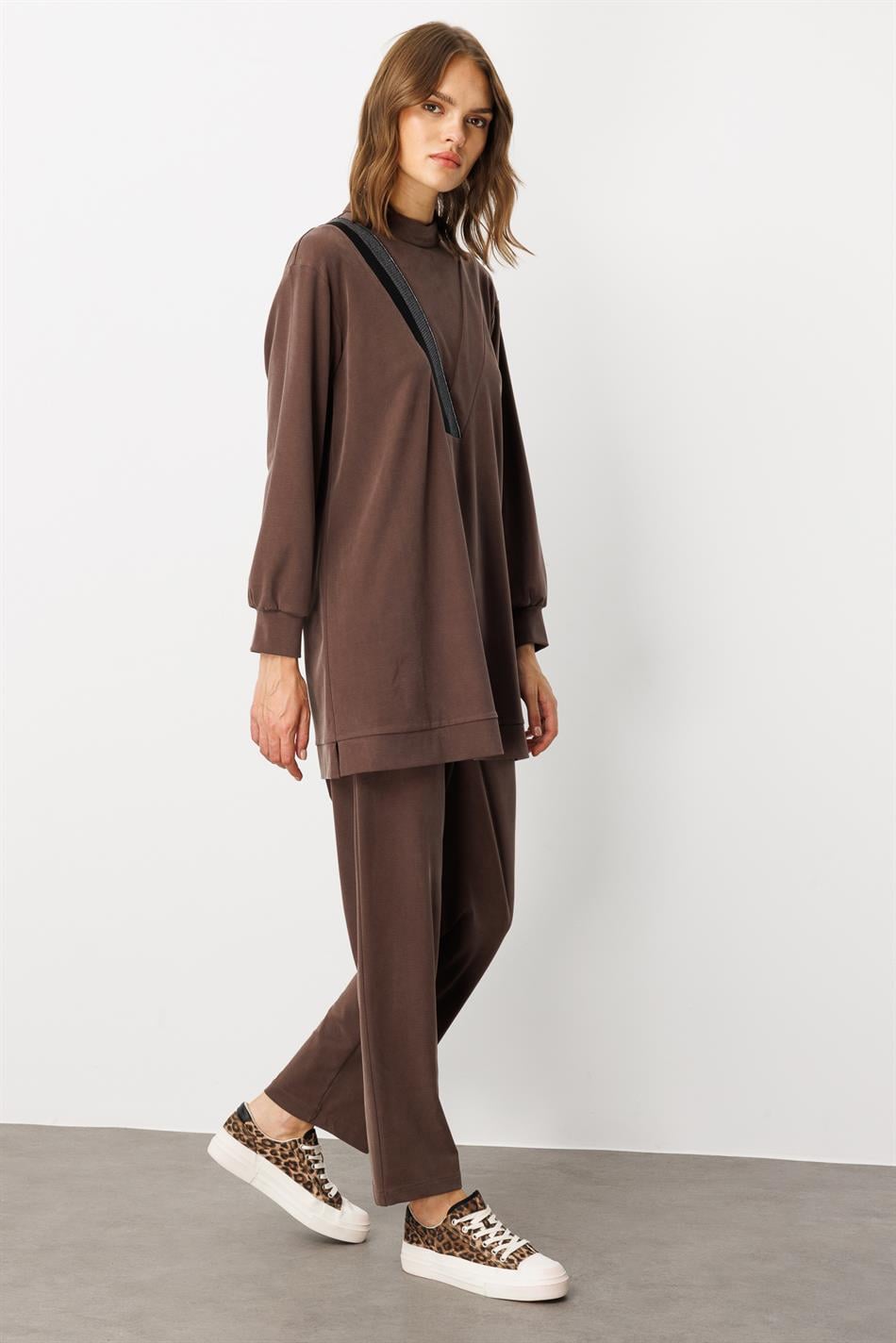 Yumşaq Örgü (55% təbii micell) Qabırğalı Kəsik Şalvar Dəsti - Qəhvə