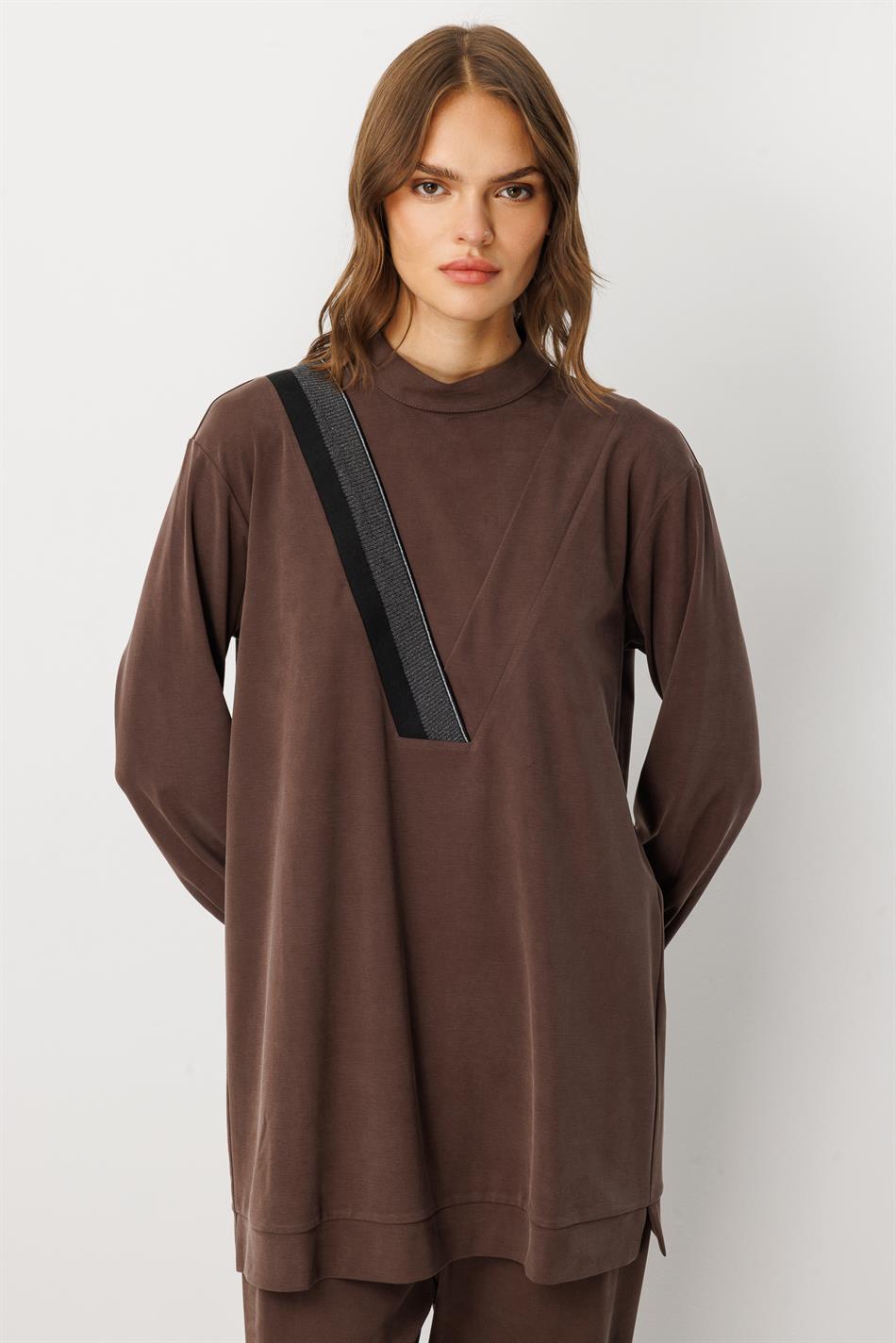 Yumşaq Örgü (55% təbii micell) Qabırğalı Kəsik Şalvar Dəsti - Qəhvə