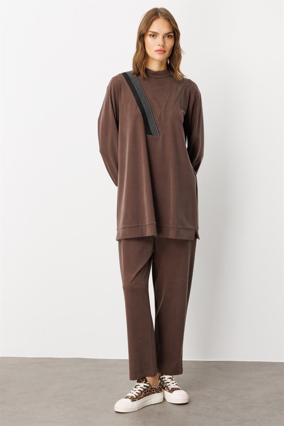 Yumşaq Örgü (55% təbii micell) Qabırğalı Kəsik Şalvar Dəsti - Qəhvə