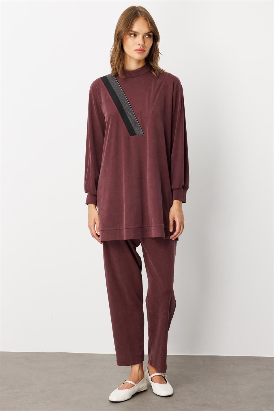 Soft Örme (miccell %55 doğal) İçerikli Ribana Garni Pantalon Kombin Takım-Bordo