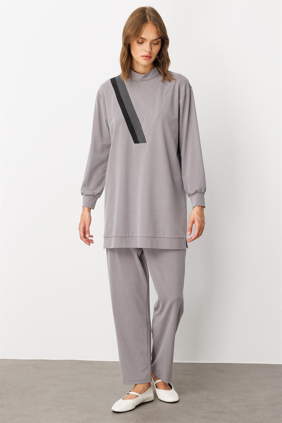 Soft Örme (miccell %55 doğal) İçerikli Ribana Garni Pantalon Kombin Takım-Gri