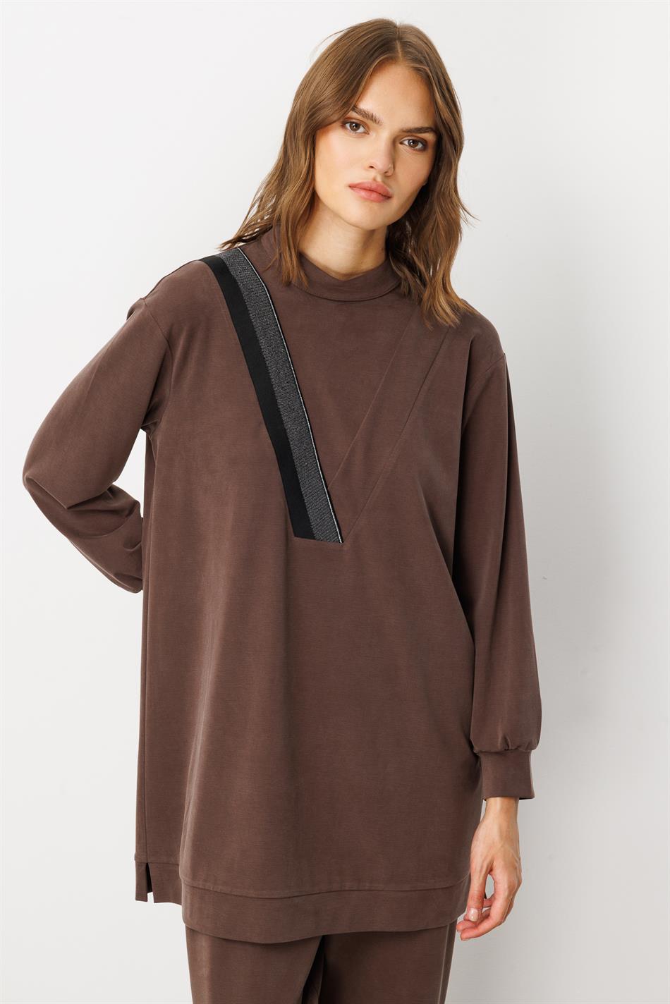 Yumşaq Örgü (55% təbii micell) Qabırğalı Kəsik Şalvar Dəsti - Qəhvə