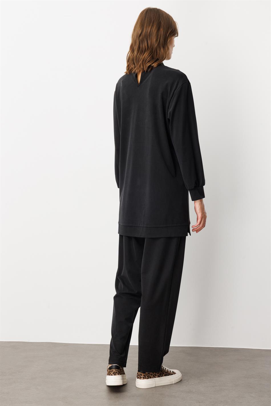 Soft Örme (miccell %55 doğal) İçerikli Ribana Garni Pantalon Kombin Takım-Siyah