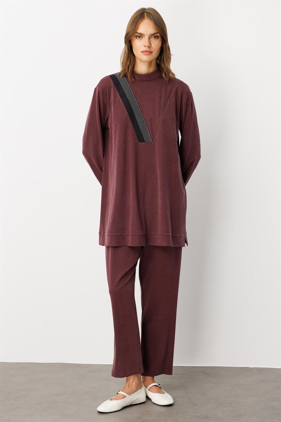 Soft Örme (miccell %55 doğal) İçerikli Ribana Garni Pantalon Kombin Takım-Bordo