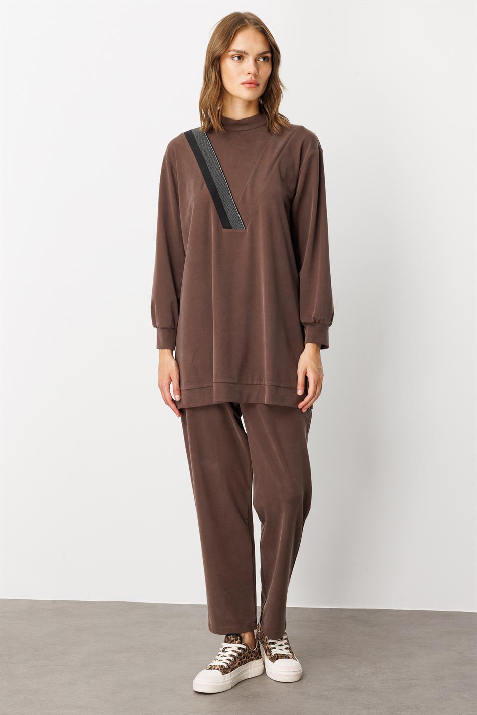 Yumşaq Örgü (55% təbii micell) Qabırğalı Kəsik Şalvar Dəsti - Qəhvə