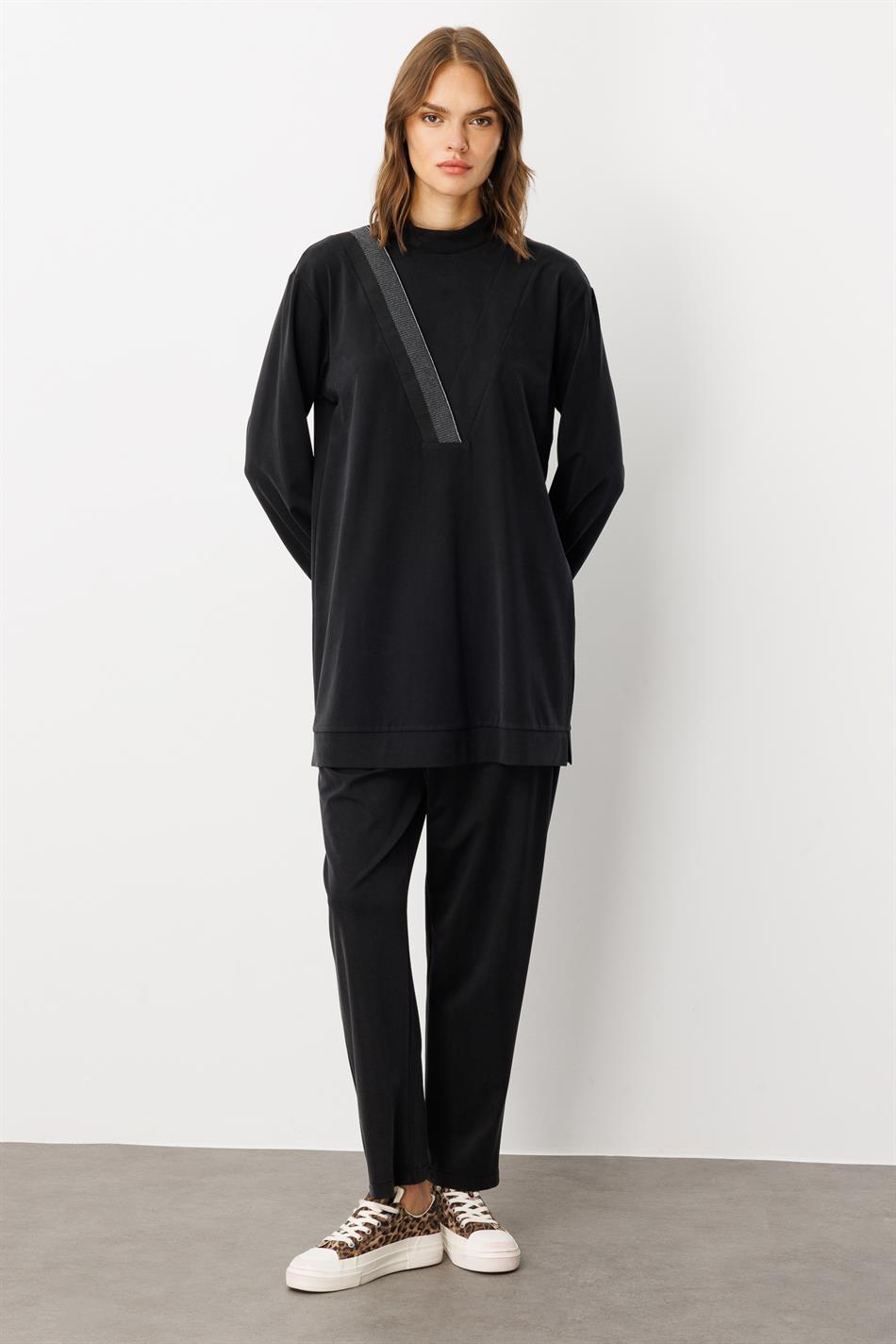 Soft Örme (miccell %55 doğal) İçerikli Ribana Garni Pantalon Kombin Takım-Siyah