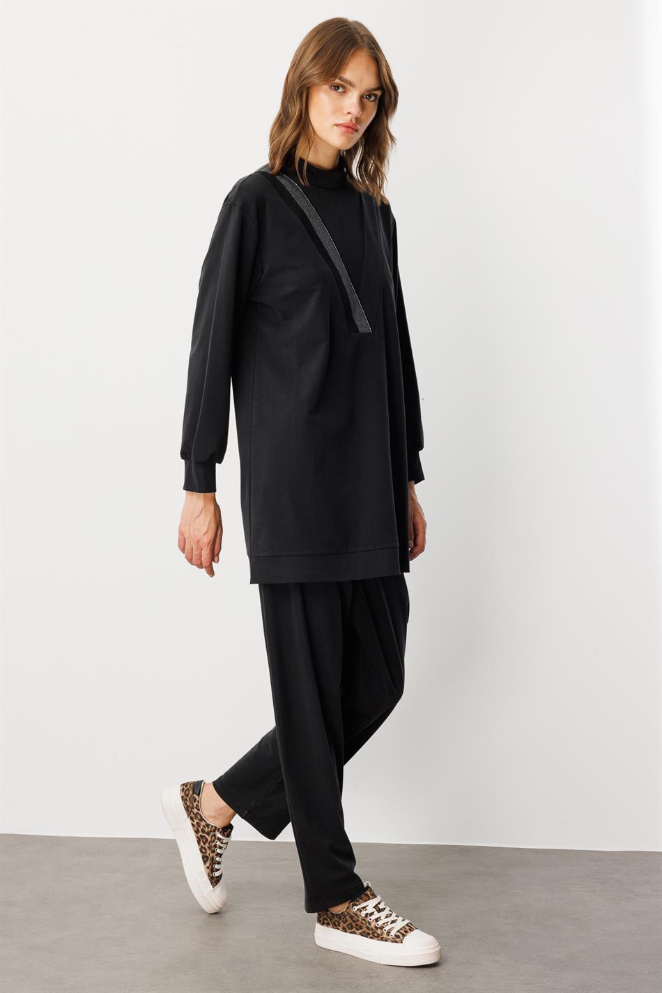 Soft Örme (miccell %55 doğal) İçerikli Ribana Garni Pantalon Kombin Takım-Siyah