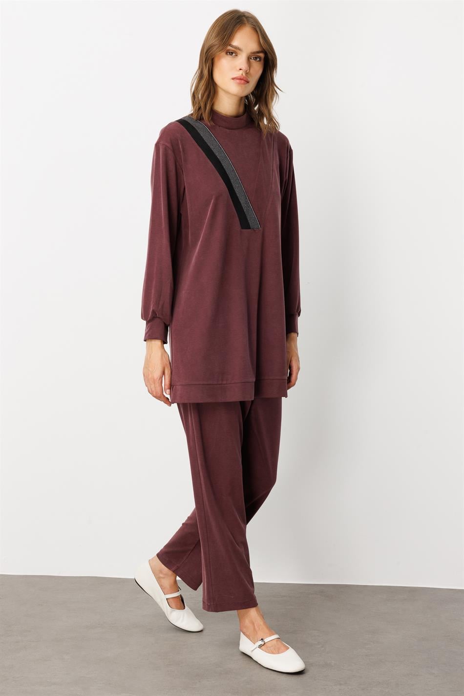 Soft Örme (miccell %55 doğal) İçerikli Ribana Garni Pantalon Kombin Takım-Bordo