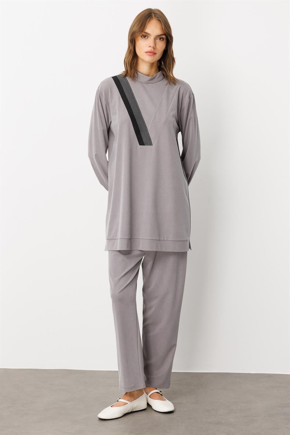 Soft Örme (miccell %55 doğal) İçerikli Ribana Garni Pantalon Kombin Takım-Gri