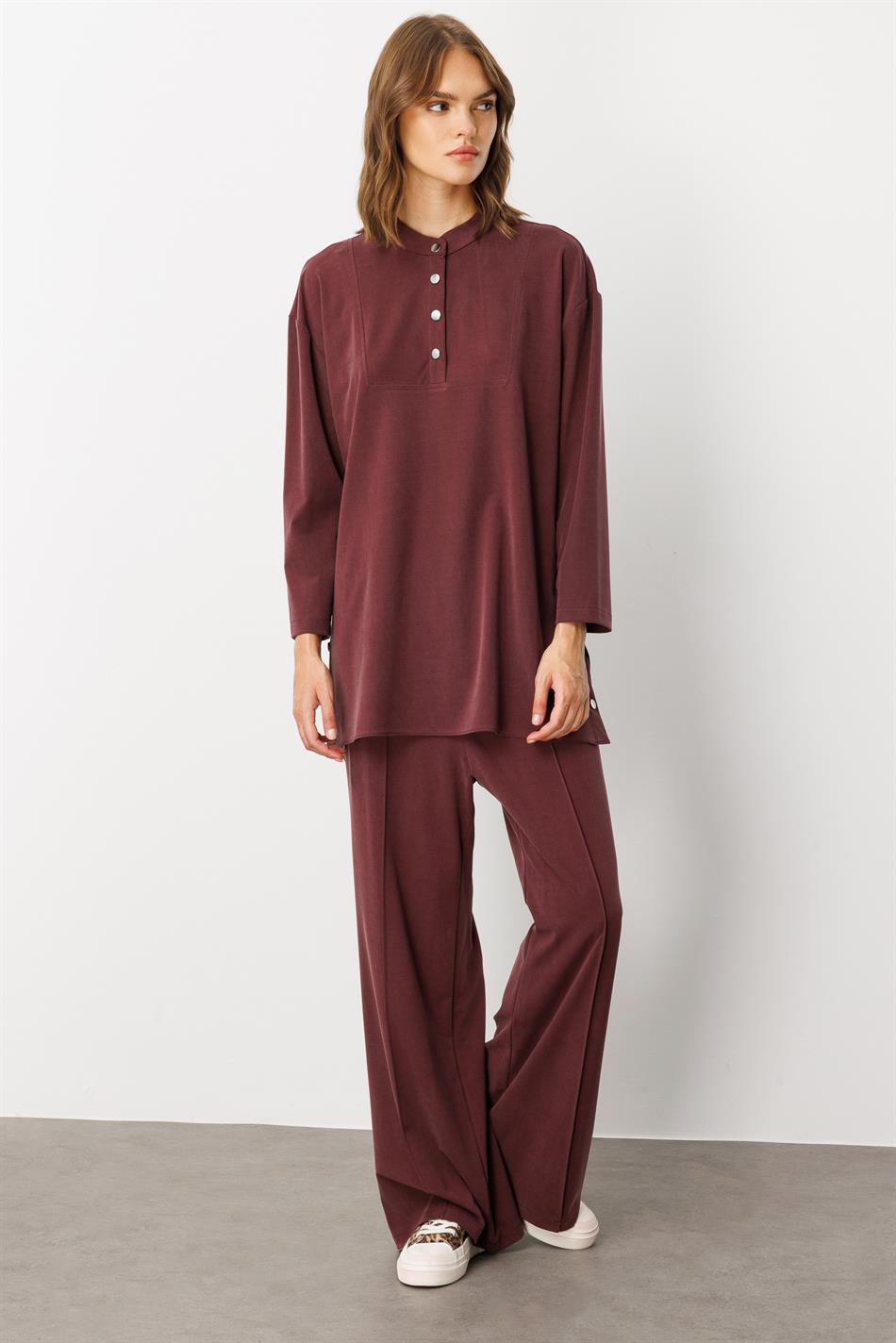Eenvoudige en bijzondere broekcombinatieset van zacht breisel (55% natuurlijke microvezel) - Bordeauxrood