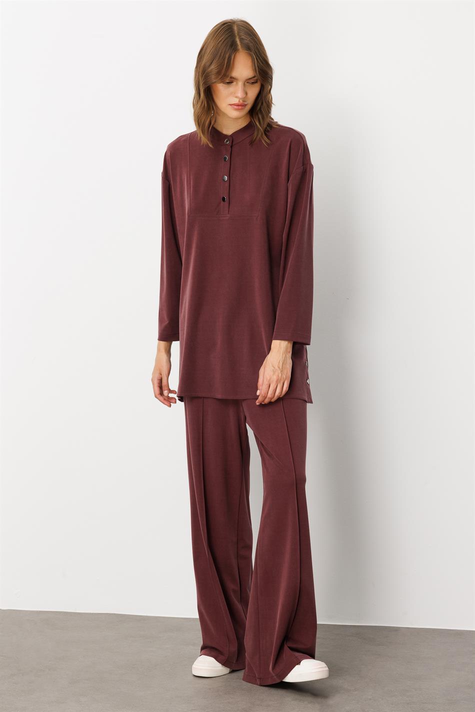 Eenvoudige en bijzondere broekcombinatieset van zacht breisel (55% natuurlijke microvezel) - Bordeauxrood