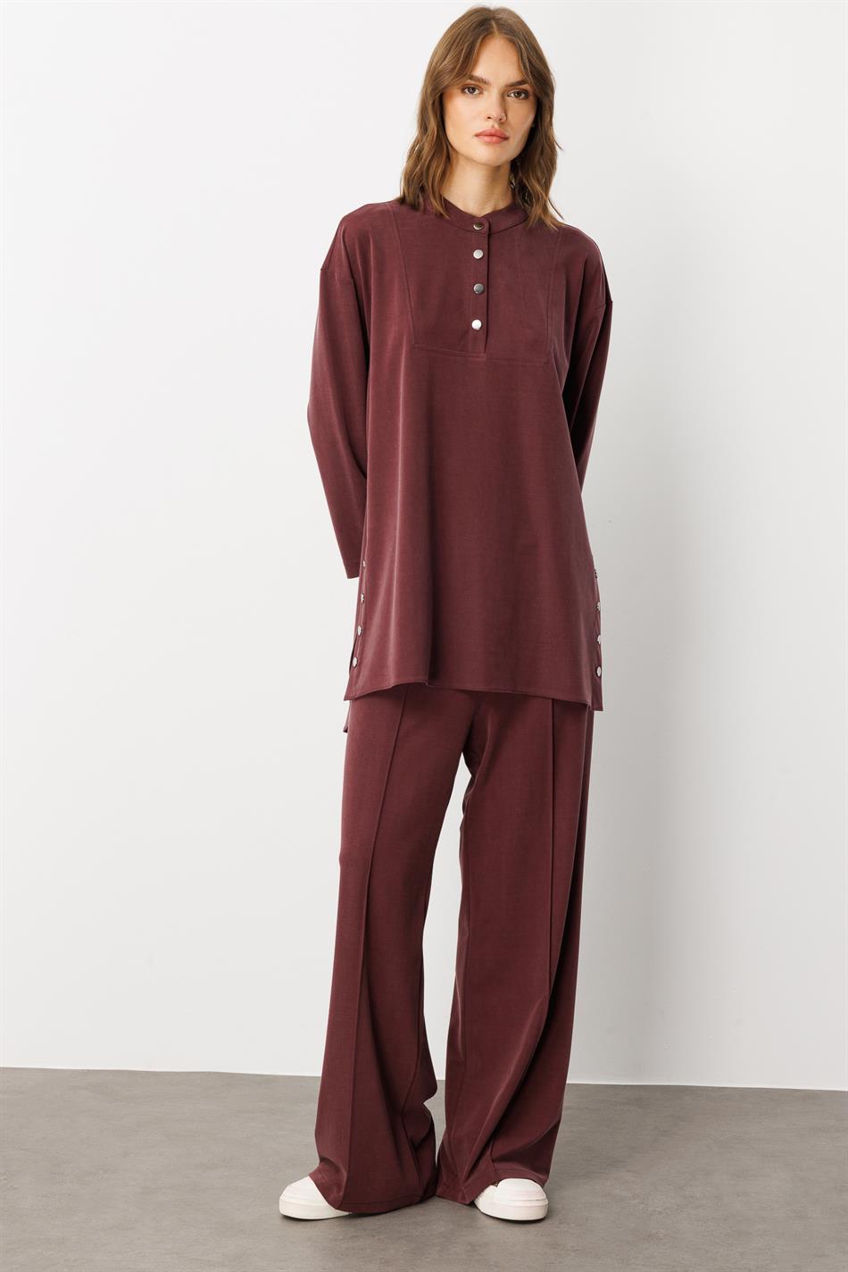 Eenvoudige en bijzondere broekcombinatieset van zacht breisel (55% natuurlijke microvezel) - Bordeauxrood