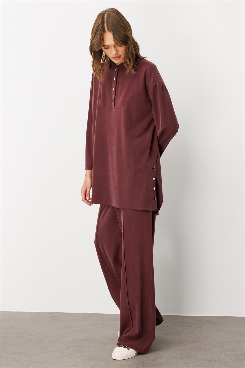 Eenvoudige en bijzondere broekcombinatieset van zacht breisel (55% natuurlijke microvezel) - Bordeauxrood