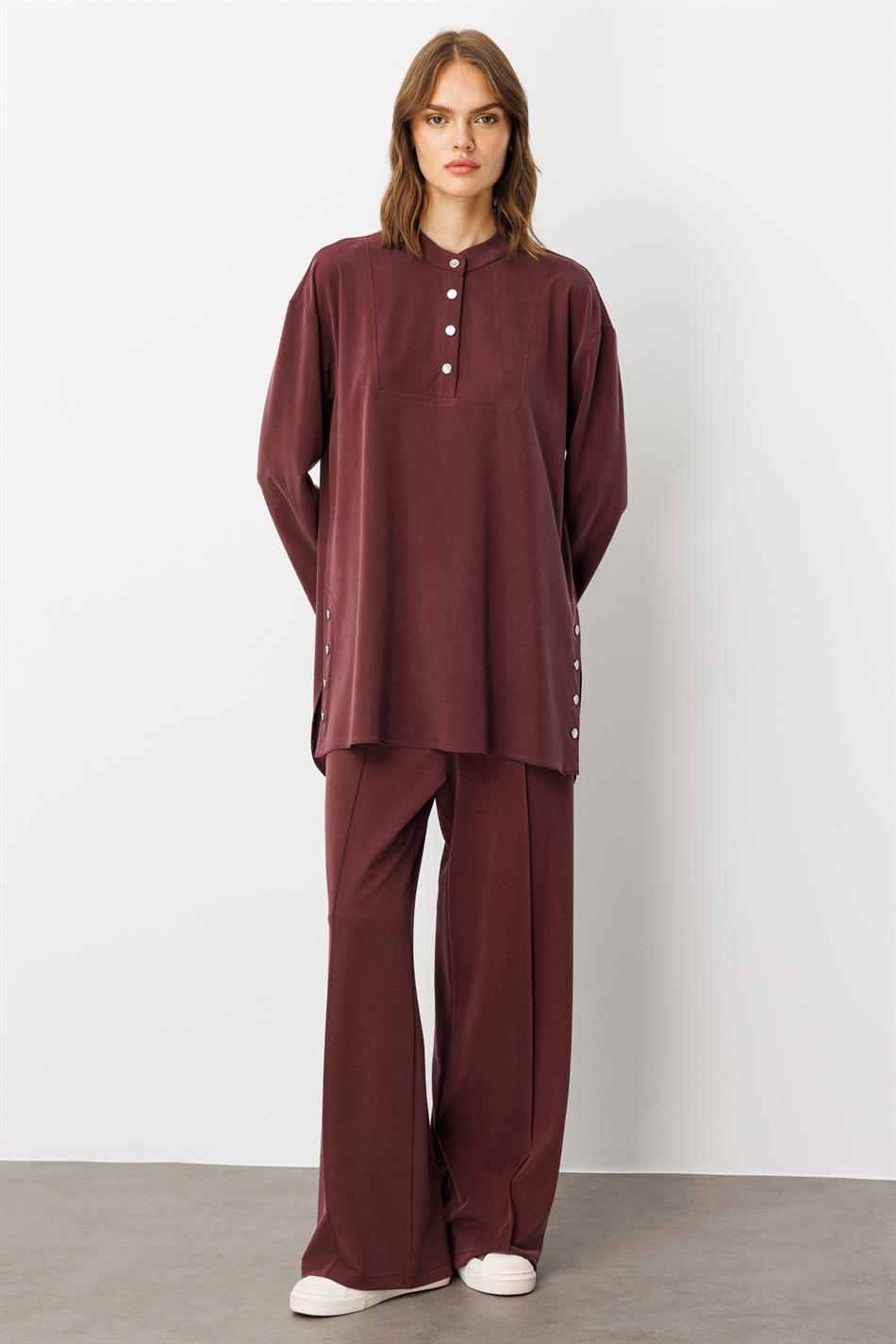 Eenvoudige en bijzondere broekcombinatieset van zacht breisel (55% natuurlijke microvezel) - Bordeauxrood