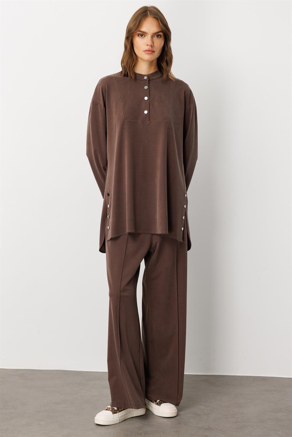 Eenvoudige en bijzondere broekcombinatieset van zacht breisel (55% natuurlijke microcellen) - Koffie