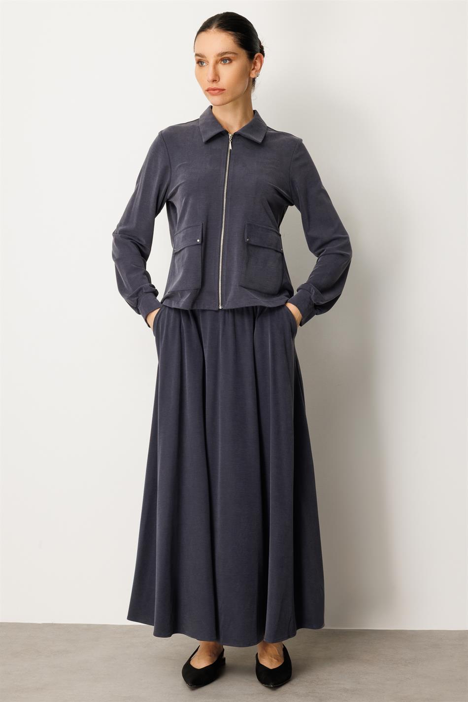 Zachte gebreide modal rok en jasje set - marineblauw