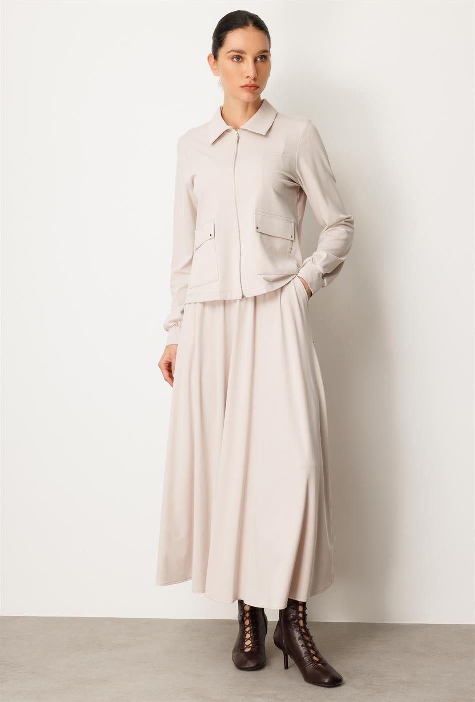 Soft Örme Modal Etek ve Ceket Kombinli Takım-Taş