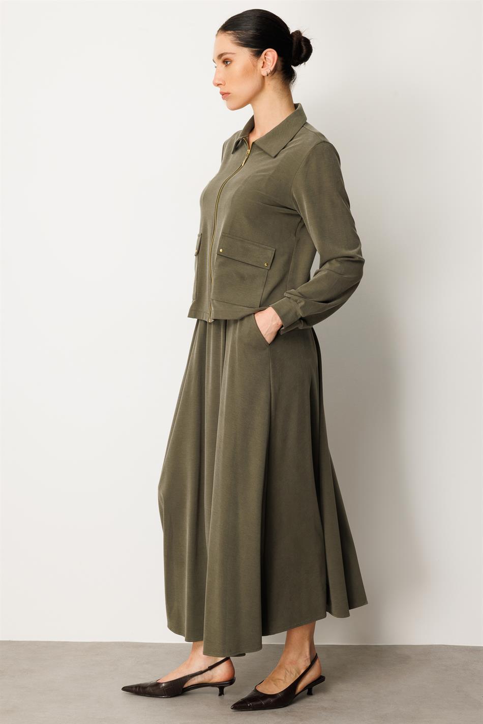 Zachte gebreide modal rok en jasje set - Khaki