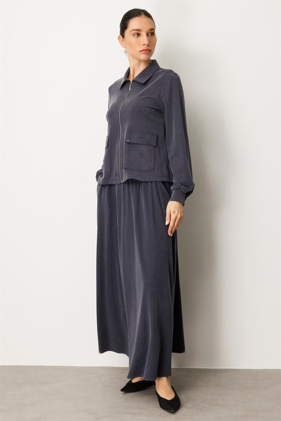 Zachte gebreide modal rok en jasje set - marineblauw