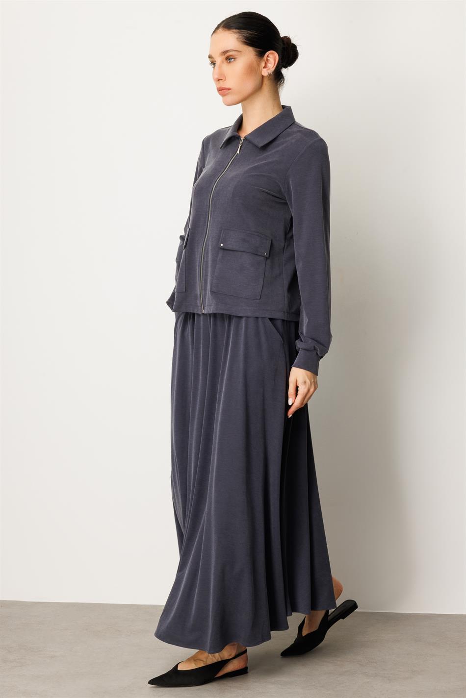 Zachte gebreide modal rok en jasje set - marineblauw