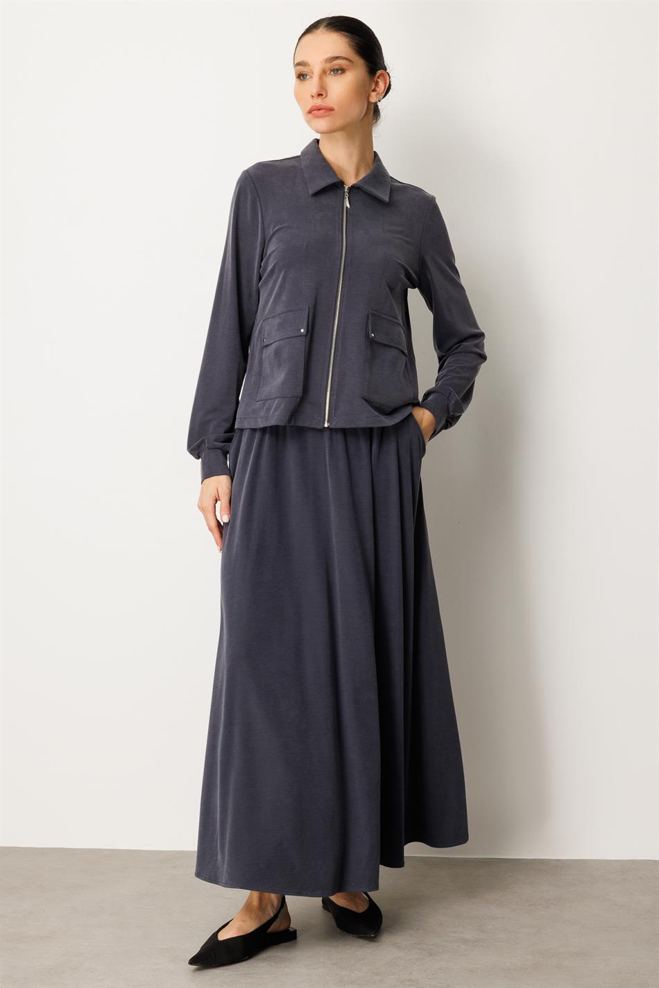 Zachte gebreide modal rok en jasje set - marineblauw