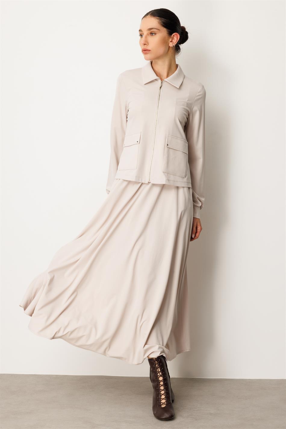 Soft Örme Modal Etek ve Ceket Kombinli Takım-Taş