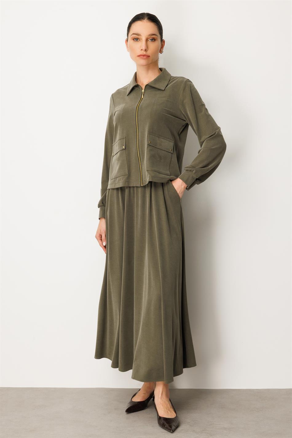 Zachte gebreide modal rok en jasje set - Khaki