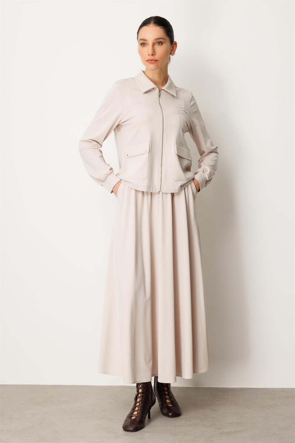 Soft Örme Modal Etek ve Ceket Kombinli Takım-Taş