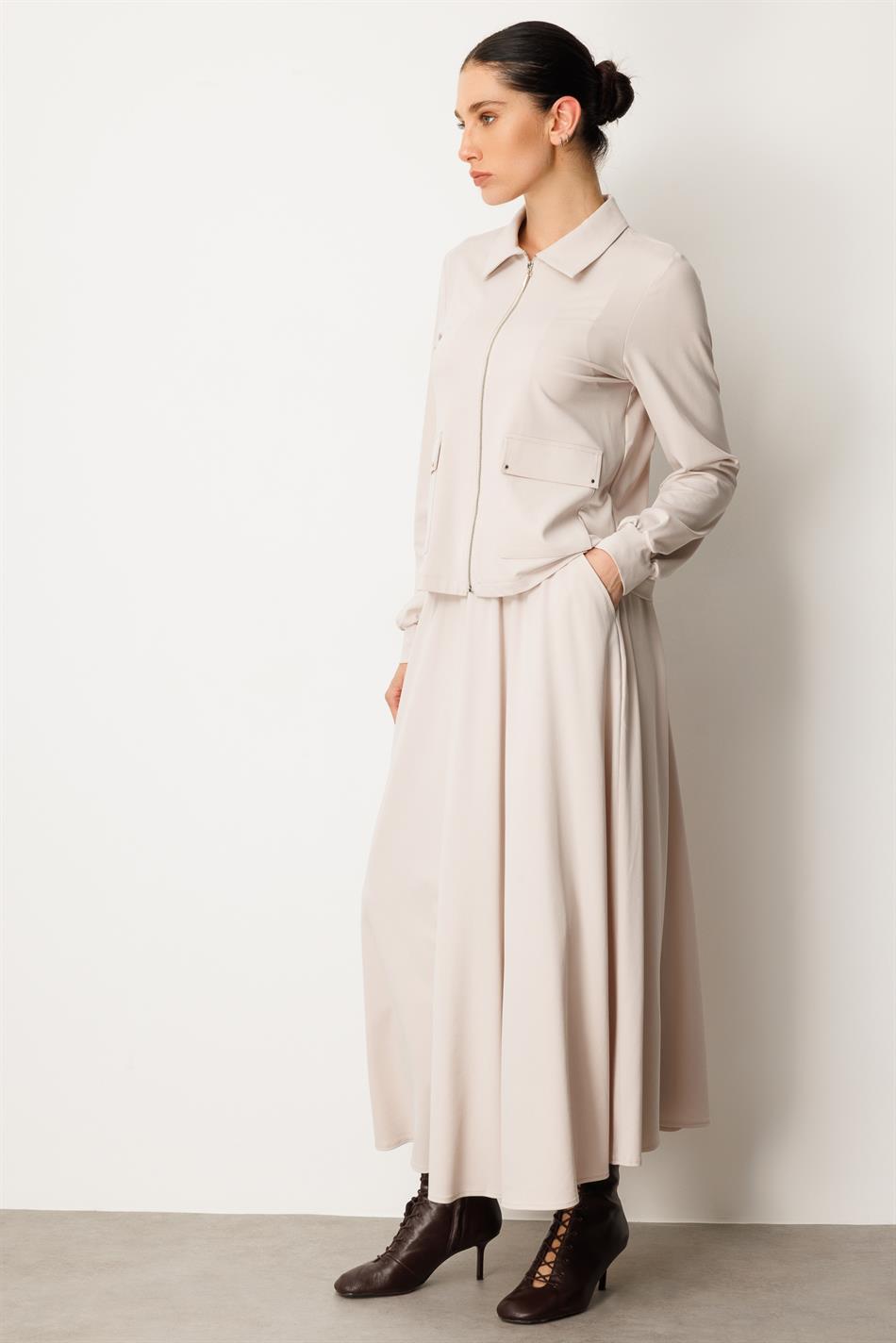 Soft Örme Modal Etek ve Ceket Kombinli Takım-Taş