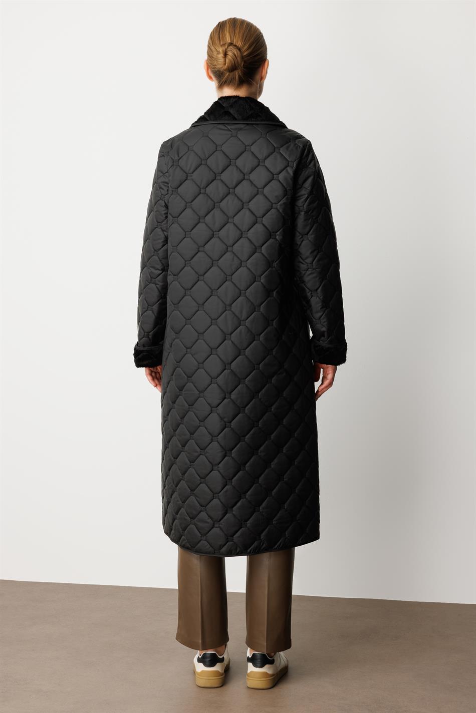 Yumşaq Peluş Daxili Təbəqə və Xüsusi Naxışlı Naxışlı İncə Yüngül, Zamansız Xüsusi Hazırlanmış Palto/Gödəkçə - Qara