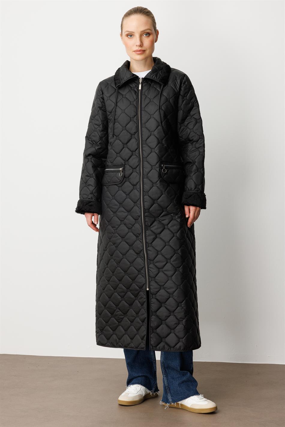 Soft Plush Inner Layer and Special Embroidered Pattern Thin Lightweight Timeless Custom Made Coat/Jacket - Black